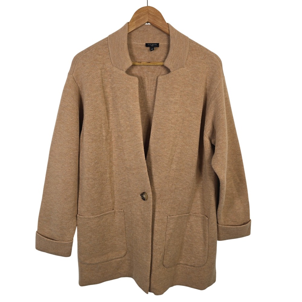 Talbots Plus Womens 1X Camel Brown Lambs Wool Single Button Cardigan Sweater